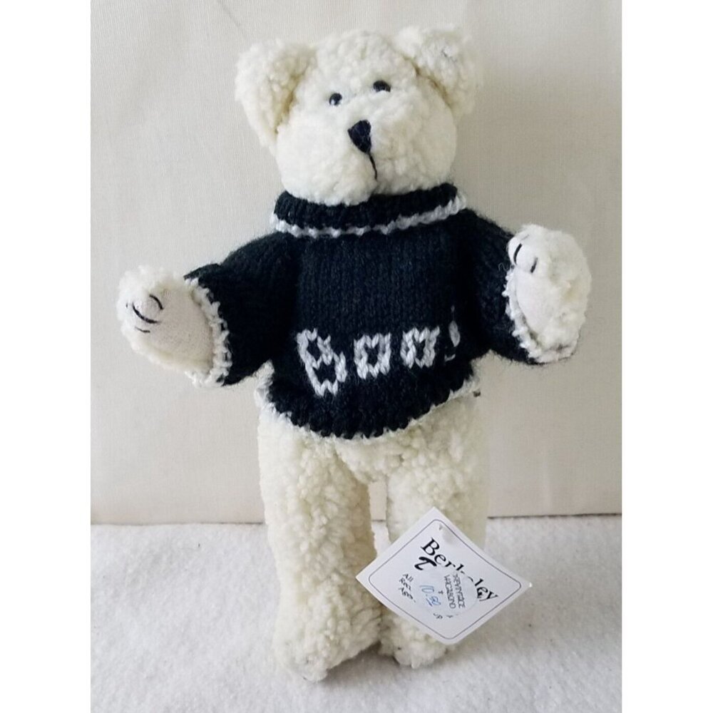 Berkeley Designs white plush Bear 5-Jointed with Boo blue Sweater NWT 10"